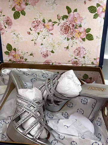 Silver crystal-embellished heeled sandals (new, unworn)..