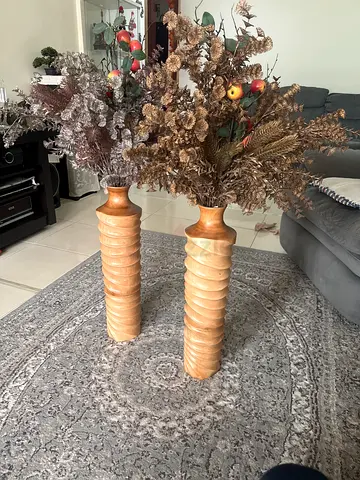 Pair of Tall Decorative Wooden Vases with Faux Floral Arrangements