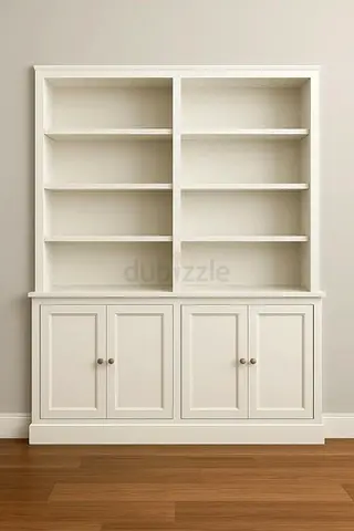 White Wooden Bookcase with Lower Cabinet - Good Condition