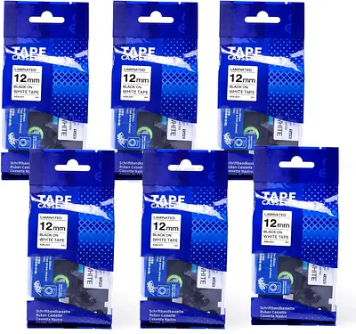Black on White 12mm Laminated Label Tapes - Pack of 6 (Compatible Cassette)
