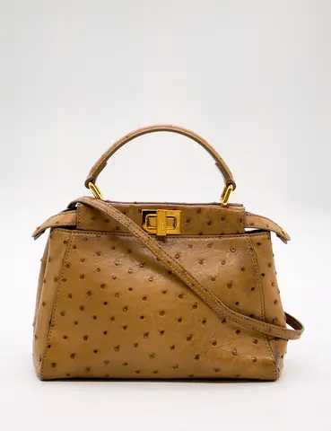 Fendi mini peekaboo Genuine Ostrich Leather Top-Handle Crossbody Bag – Tan
