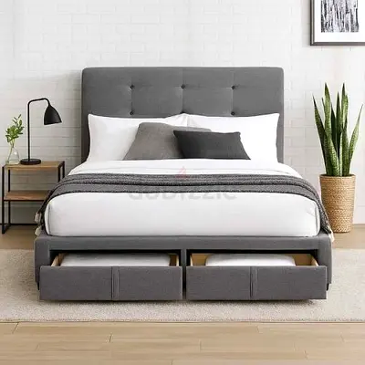 Dark gray linen fabric front drawers queen bed