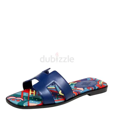 Hermes Navy Blue Leather Oran Flat Slide Sandals Size 36