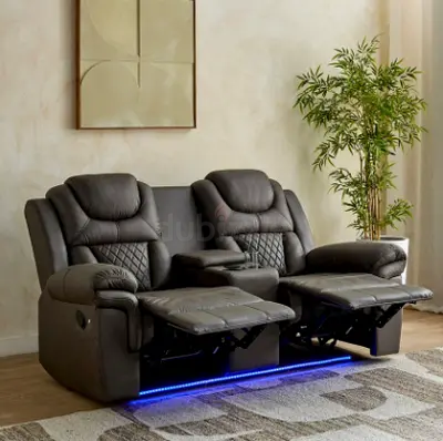 2-Seater LED Strip Fabric Recliner with Console and Wireless Charging