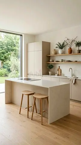 Modern minimal kitchen island with stools - light oak quartz