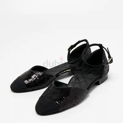 Chanel Black Sequins and Canvas CC Cap Toe Mary Jane Flats Size 39
