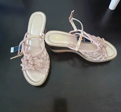 Womens rose gold braided wedge sandals - size UK4.5 / 37.5, brand new with tags