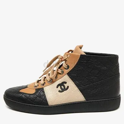 Chanel Black/Beige Leather And Nubuck CC High Top Sneakers Size 40