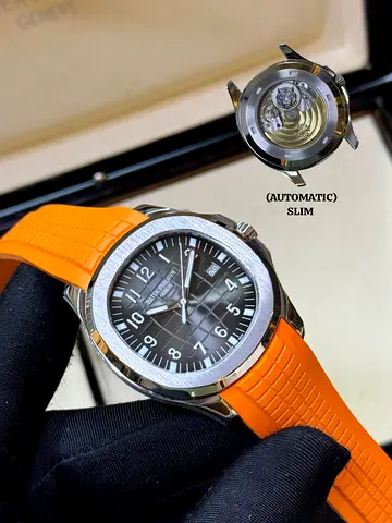 Automatic Mens Stainless Steel Watch with Orange Rubber Strap