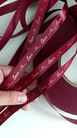 Maroon Satin Ribbon with Gold love Print — 2cm width, bulk roll