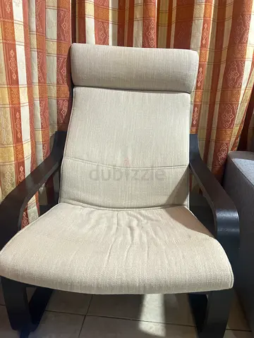 Beige Upholstered Accent Armchair with Dark Wood Frame