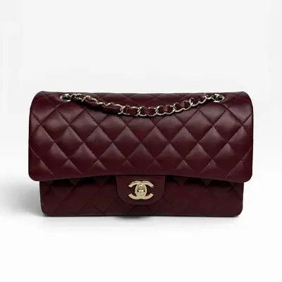 AUTHENTIC CHANEL MEDIUM CLASSIC DOUBLE FLAP BURGUNDY LAMBSKIN LEATHER WITH PALE GOLD HARDWARE