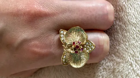 Vintage 18K Gold plated Flower Ring with Ruby Center and Diamond Accents