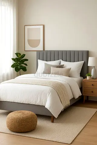 Luxury Fabric Bed Frame With Mattress. Brand New Double Size Bed Frame With Panel Line Headboard.