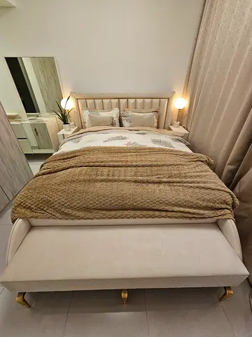 Fixed Price !! Upholstered king Bed Frame with Headboard Bench Matters side tables and vanity.