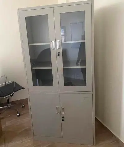 Metal Office Storage Cabinet with Glass Upper Doors - Lockable, Good Condition