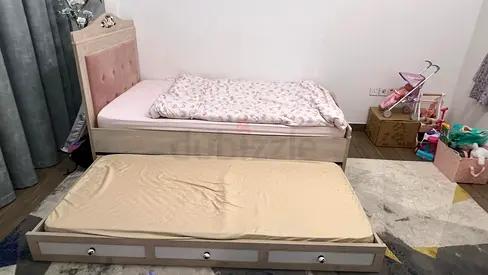 Wooden Twin/Single Kids Bed with Trundle - Light Pink Headboard, Like Brand New!