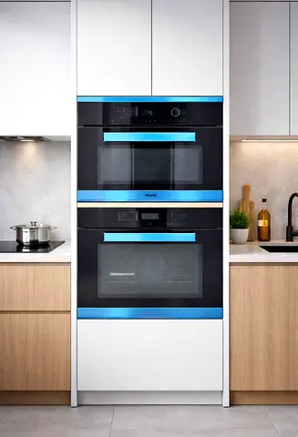 Miele built-in oven and microwave combination unit features a sleek black glass finish with distinct
