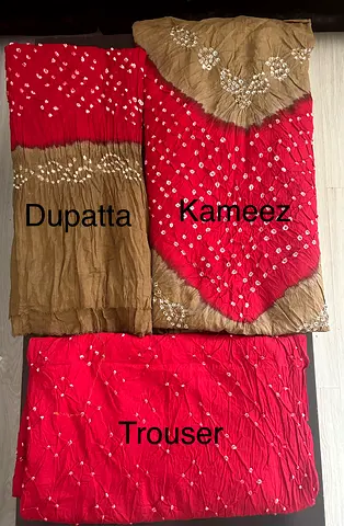 Authentic monjolika chunari and bandhani suit - Red and brown Embroidered Womens suit - unstitched
