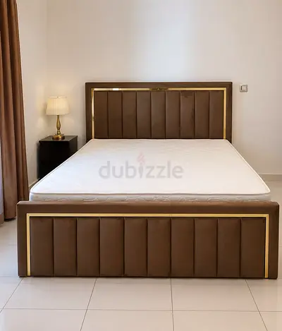 New King Size Brown Upholstered Bed Frame with Mattress Gold Trim