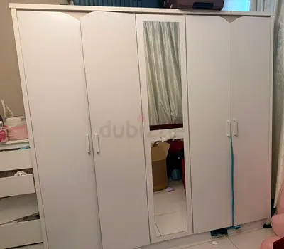 White 5-Door Wardrobe with Mirror - Good Condition