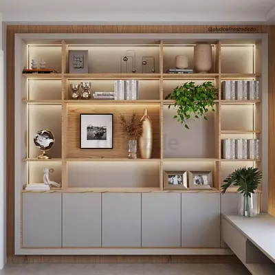Wall-mounted wooden bookcase with integrated cabinets and LED lighting