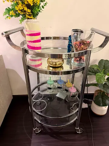 Chrome and Glass Round Bar Cart with 3 Shelves — Good Condition