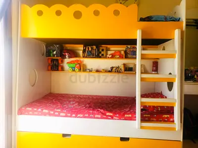 White Yellow Triple Solid wooden bunk bed  - Very good condition including mattress