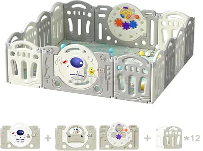 Baby Playpen for Toddler, Extra Large 60 x63 Playard with Astronaut-Themed Gate, 12+2 Panels, Grey