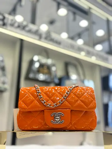 Chanel mini Orange patent leather quilted shoulder bag with chain