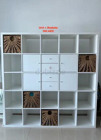 White 5x5 (182x182cm) Cube Storage Unit with Drawers + 4 Wicker Baskets