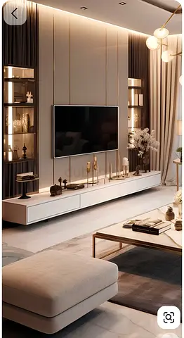 Modern low-profile TV console with wall panel and built-in shelving (set)