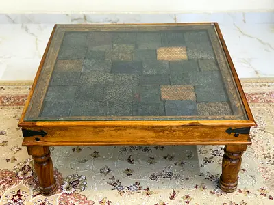 Marina wooden vintage coffee table with inside marble design Top Glass