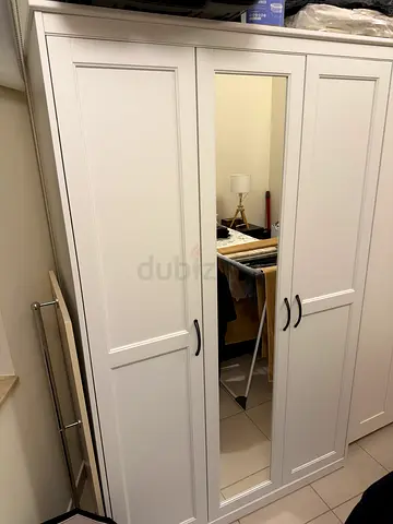 White 3-Door Wardrobe with Mirror - Good Condition