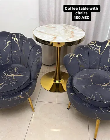 Small round marble-top coffee table with two velvet accent chairs - set