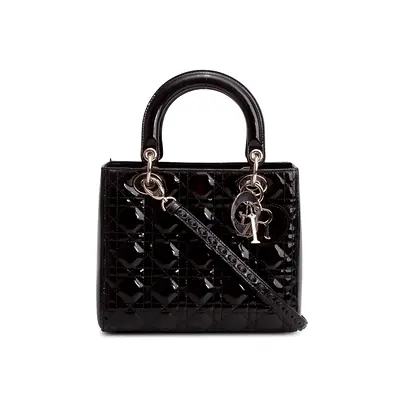Authentic Christian Dior Black Cannage Patent Leather Medium Lady Dior Bag