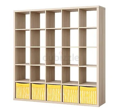 Large 25-Cube Wooden Bookcase / Storage Shelving Unit with 5 Fabric Bins