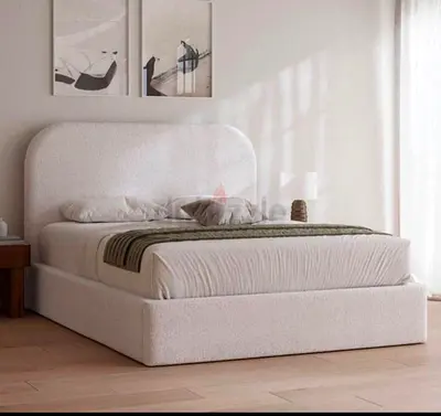 Minimalist Upholstered Bed Frame with Headboard - King/Queen (Ivory)