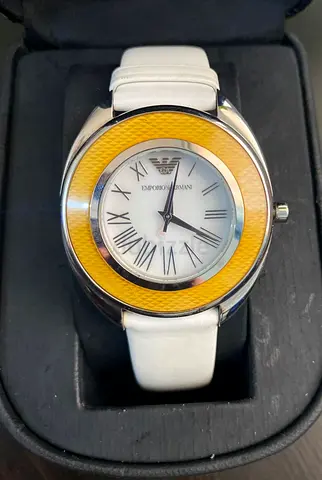 Emporio Armani womens watch with white strap and yellow bezel
