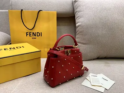 Fendi Peekaboo XS Bag With Star Studs In Red Nappa Leather