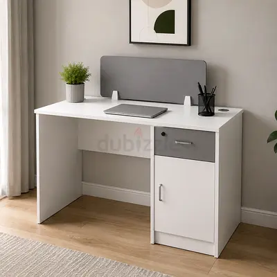 White Office Desk 120CM with Drawer  Cabinet - Single Person Office Workstation Table