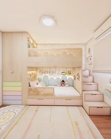 Kids bunk bed with built-in storage and stairs - light wood  pastel design
