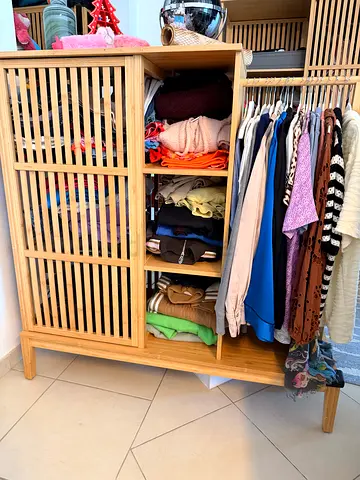 Solid wood wardrobe with sliding slatted doors - good condition