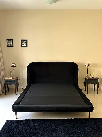 Black velvet queen bed frame with headboard (good condition)