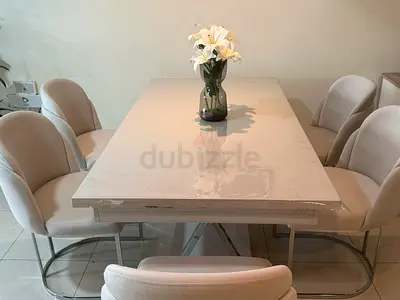 White Top Dining Table with 6 Beige Upholstered Chairs - Excellent Condition