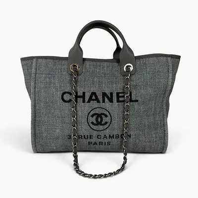 AUTHENTIC CHANEL MEDIUM DEAUVILLE TOTE BAG IN DENIM BLUE WITH SILVER HARDWARE