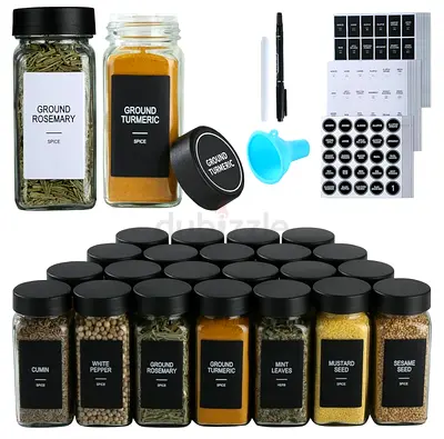 Set of 12 Glass Spice Jars with Black Lids, Labels and funnel.