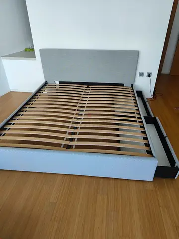 King size platform bed frame with storage, grey upholstered headboard