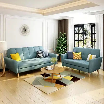 Light blue 3-seater and 2-seater sofa set with wooden legs