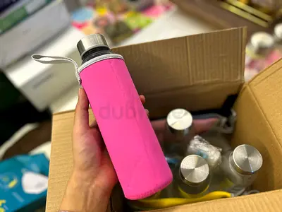 6 Sets of Glass Water Bottles with 6 Neoprene Sleeve and cleaning supplies - UN-USED